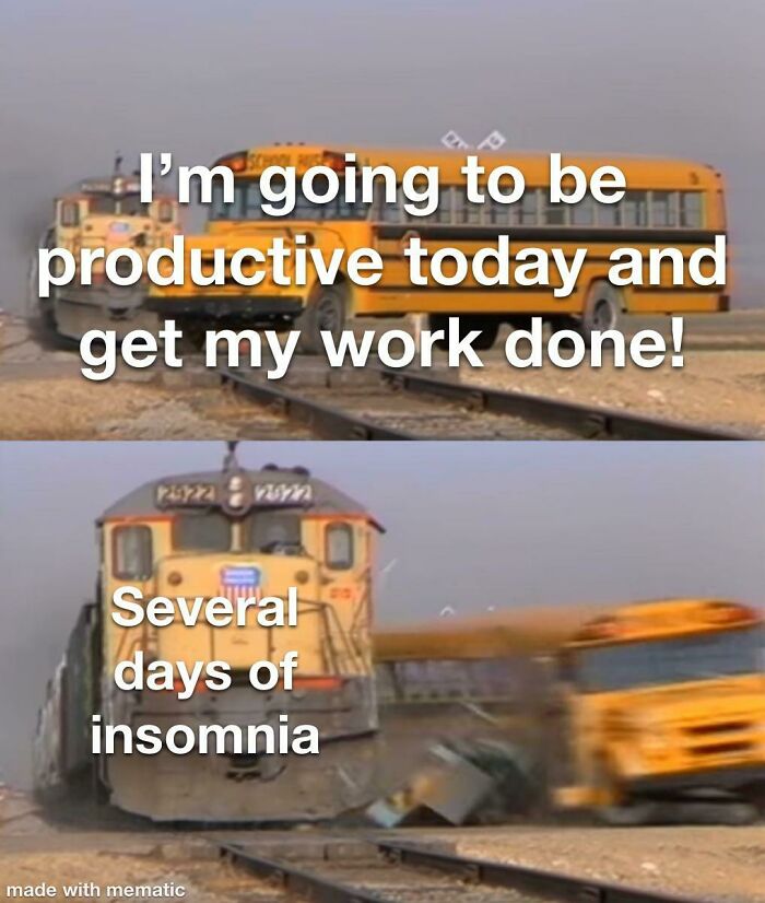Train colliding with school bus, illustrating the impact of several days of insomnia on productivity in a funny insomnia meme.
