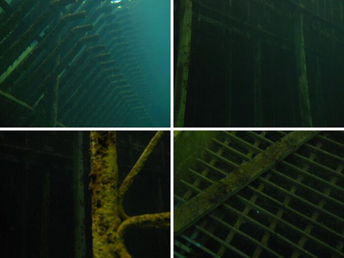 Underwater views of a rusted shipwreck structure showing eerie and unsettling details from workers' photos.