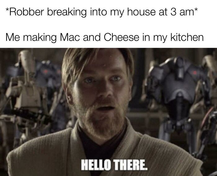 Man calmly making mac and cheese at 3 am while a robber breaks in, humorous insomnia meme for restless nights.