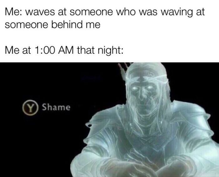 Meme showing a ghostly figure labeled shame reflecting on awkward moments at 1:00 AM, insomnia meme theme.