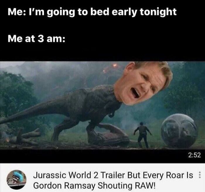 Meme showing insomnia humor with a dinosaur head replaced by Gordon Ramsay shouting, illustrating sleepless brain at 3 am.