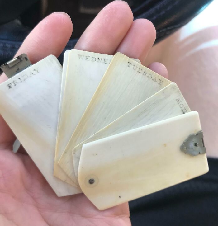 Hand holding a vintage expandable calendar with days of the week, an old find that confused the internet community.