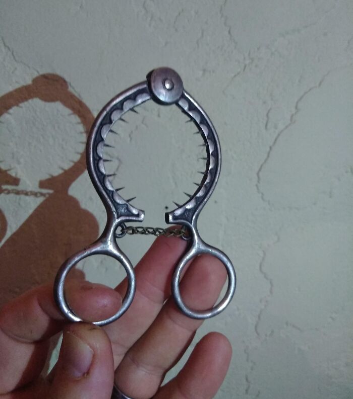 Metal vintage tool with serrated circular opening held by fingers, part of old discoveries with no clear identification.