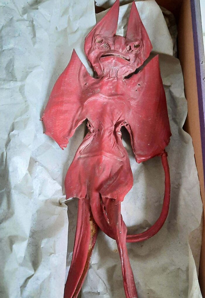 Old mysterious creature figure with wings and tail found, an example of something old that confused people online.