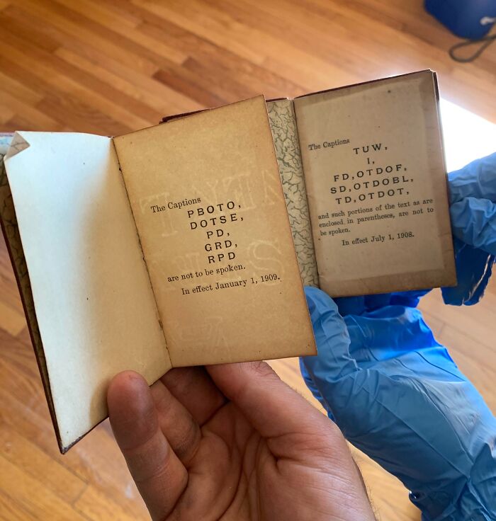 Two hands holding old, worn book pages with faded text, part of something old found and identified online.