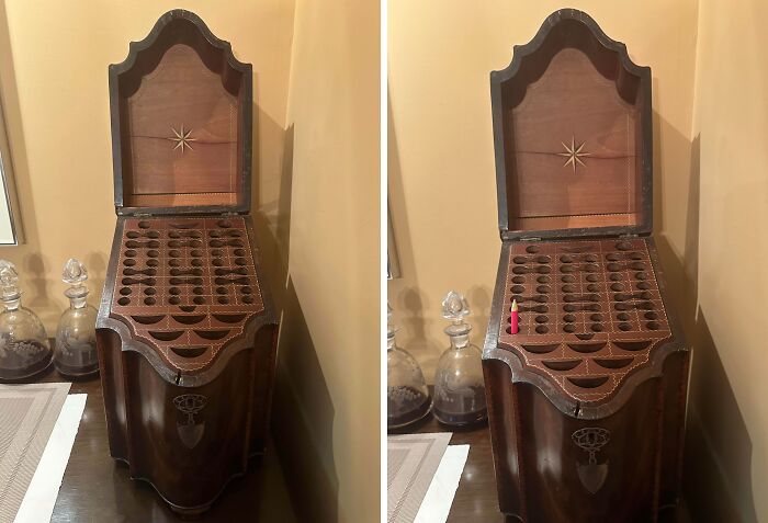 Antique wooden storage box with multiple round compartments, an old item found but unidentified by the internet community.