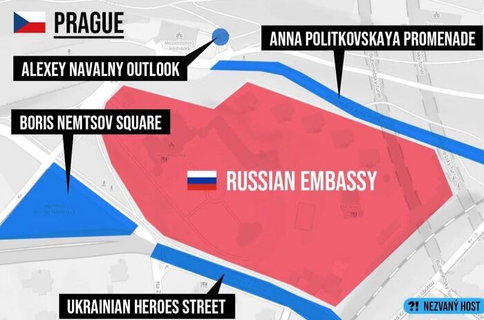 Map of Prague highlighting the Russian Embassy and surrounding streets with humorous and unusual labels.