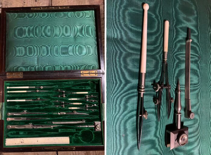 Antique drafting tools and compasses in a green velvet-lined wooden box, an old set found with unknown purpose.