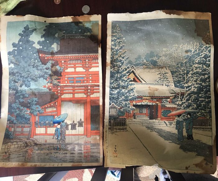 Two old Japanese woodblock prints showing traditional architecture and people with umbrellas in different seasons.