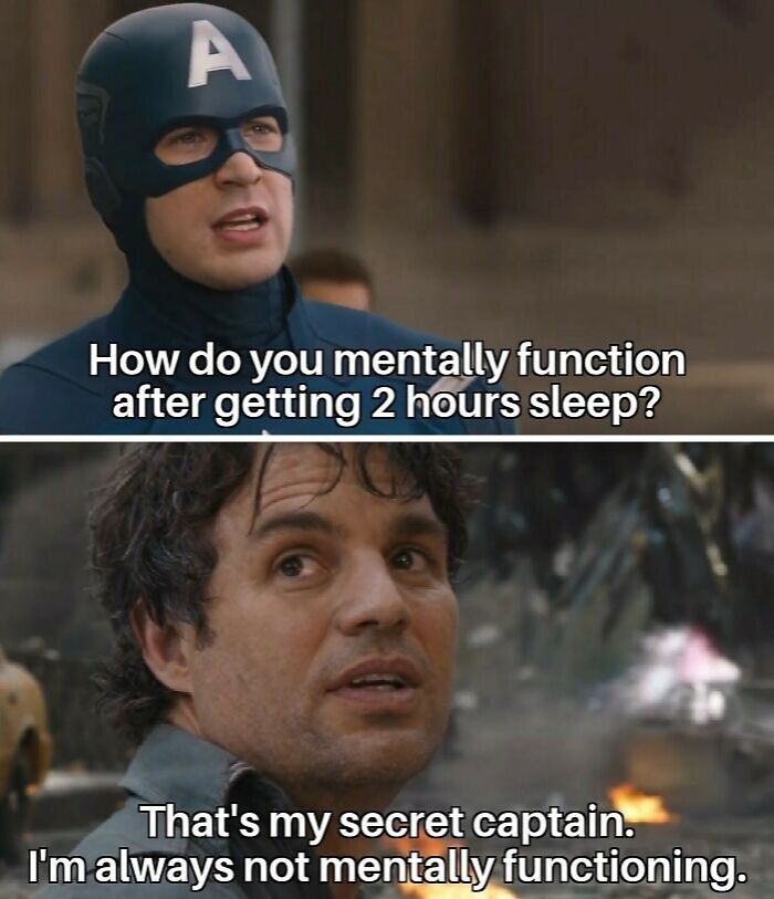 Two men in costume exchanging dialogue about mental function after 2 hours of sleep, relating to funny insomnia memes.