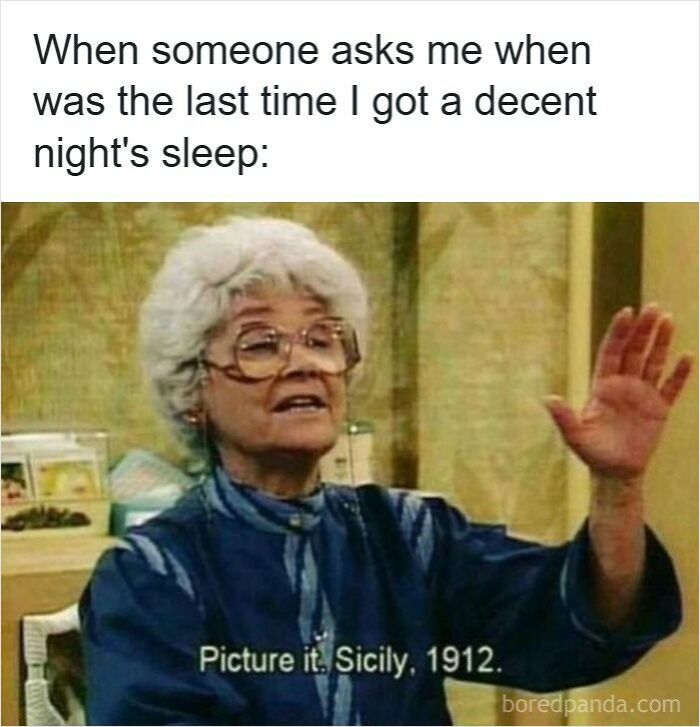 Elderly woman humorously referencing insomnia and lack of decent sleep in a funny insomnia meme.