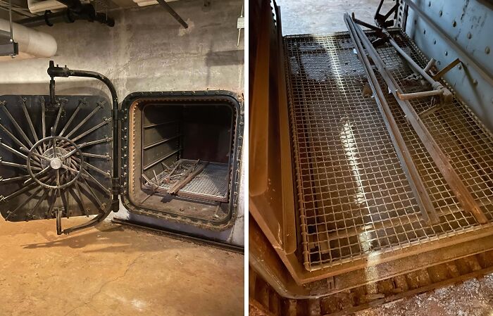 Old industrial metal door with a large wheel handle and interior metal grates found with no clue what it is.