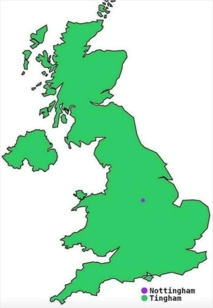 Map showing the United Kingdom with a humorous label confusion between Nottingham and Tingham.