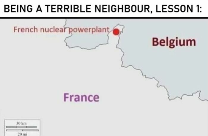 Map showing a French nuclear powerplant located near the Belgium border, illustrating a funny bad neighbor map.