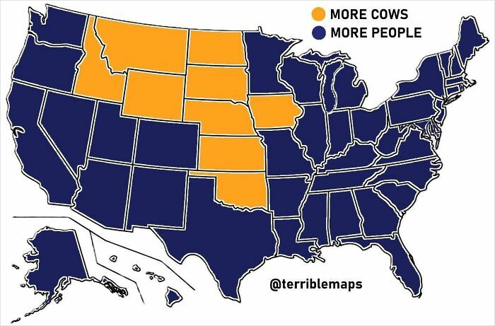 US map showing states with more cows versus more people, highlighting a humorous and bad map design from a funny maps collection.