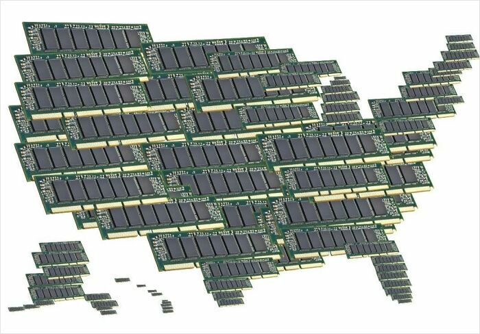 United States map creatively made using computer memory chips, a funny and bad map representation.