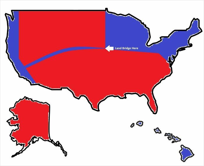 Map of the United States with red and blue sections and a labeled land bridge, featured in funny bad maps.