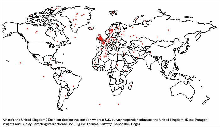 World map showing inaccurate locations of the United Kingdom from a survey, illustrating funny and bad map errors.