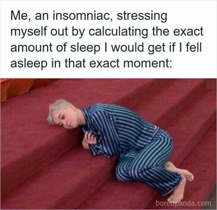Person in striped pajamas lying on stairs, humorously depicting stress of insomnia and calculating sleep time.