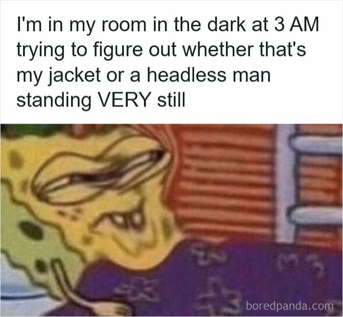 SpongeBob meme humor about insomnia showing confusion in the dark at 3 AM, illustrating funny insomnia meme moments.