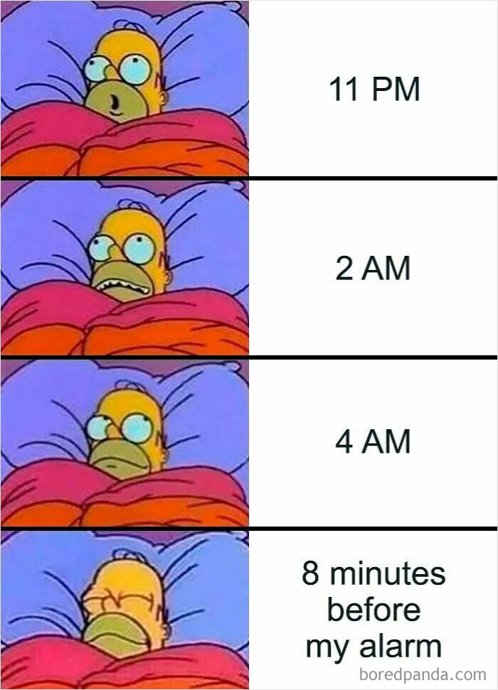 Homer Simpson wide awake at night then finally asleep minutes before alarm, illustrating insomnia memes humor.