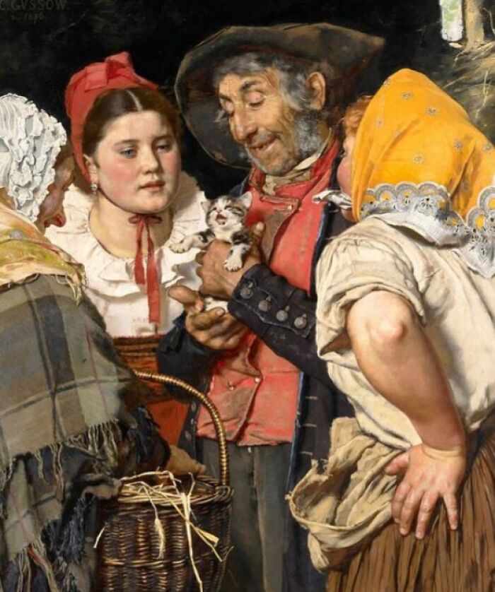 Medieval cats in a historic painting showing villagers gathered around a man holding a small cat.