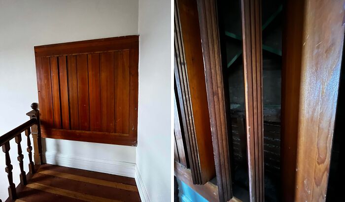 Old wooden hidden compartment in a vintage interior, showcasing forgotten architectural features found by curious people.