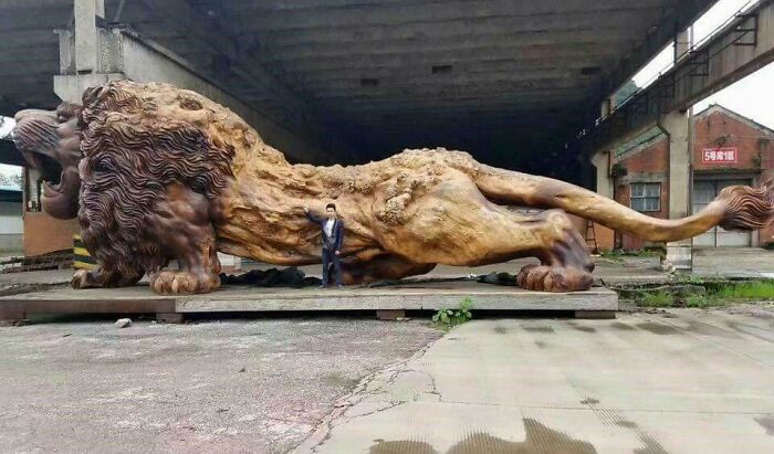 Man standing next to an enormous carved lion sculpture demonstrating human for scale outdoors.