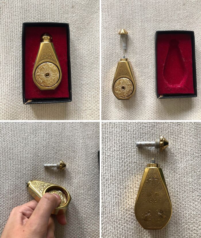 Ornate vintage brass device with intricate design, shown in multiple views, an example of people finding something old unknown.