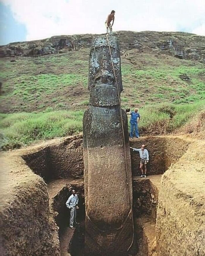Large Easter Island moai statue partially buried with people around for scale, showing the unusual human for scale comparison.
