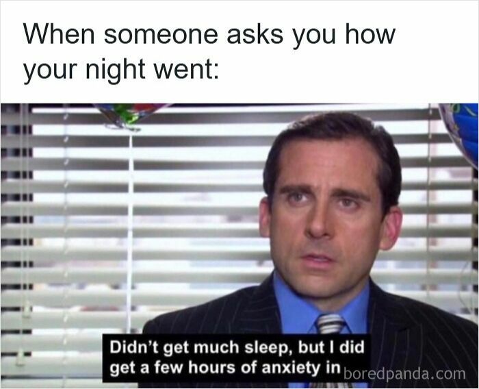 Scene from The Office with Michael Scott looking tired, caption about anxiety and funny insomnia memes concept.