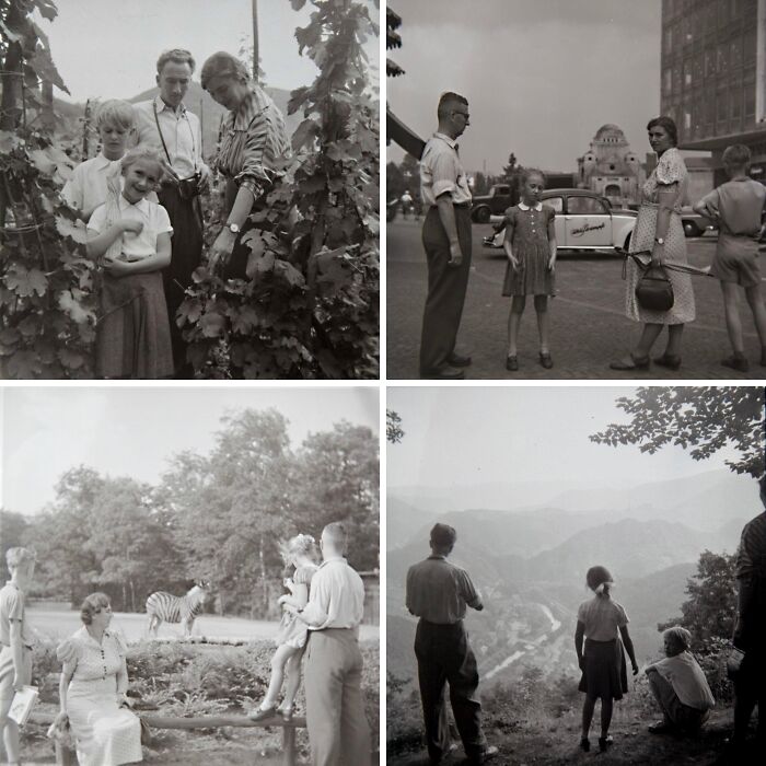Black and white vacation pics from a time when cell phones didn’t have cameras showing families and scenic views.