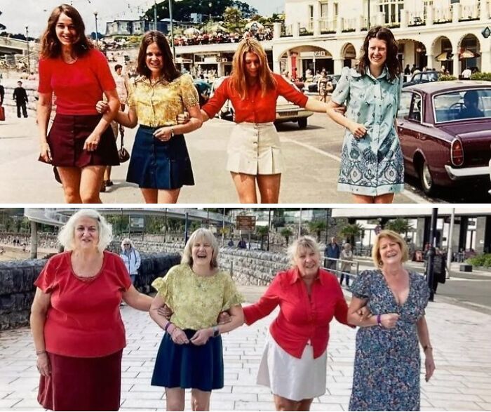Four women posing for vacation pics decades apart, showcasing changes in style and aging without cell phone cameras.
