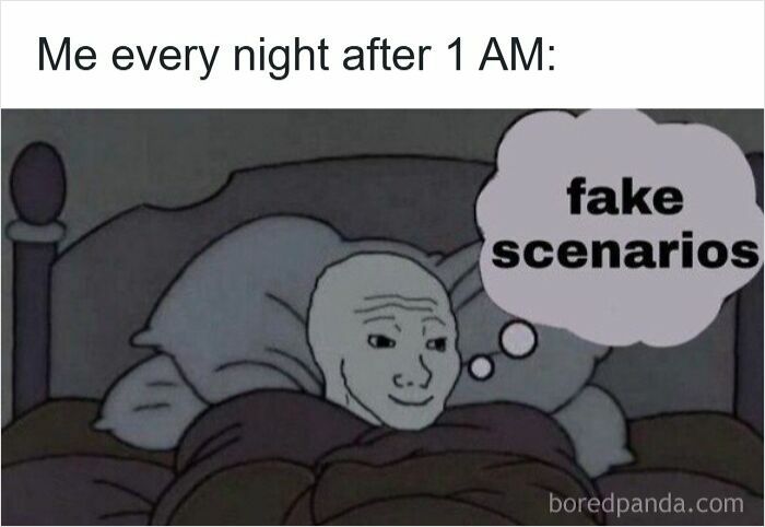 Person lying awake in bed at night with thought bubble reading fake scenarios, illustrating insomnia meme humor.