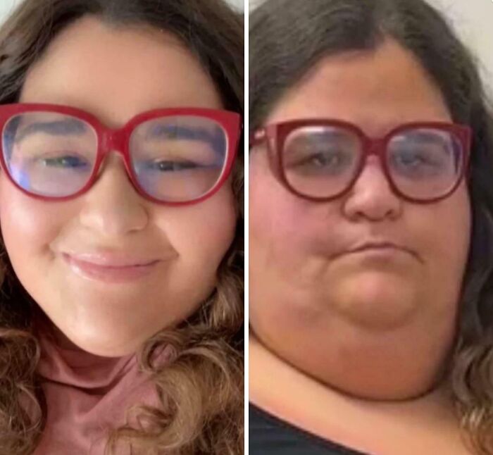 Side-by-side comparison of a woman using filters versus her real appearance, highlighting failed social media fakes.