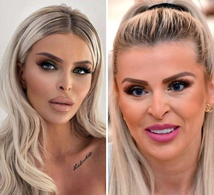 Side-by-side photos showing the difference between social media filters and real life with failed attempts to fake it.