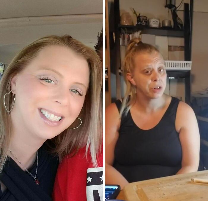 Side-by-side comparison of a woman using social media filters versus an unfiltered real-life image, showing failed fake attempts.