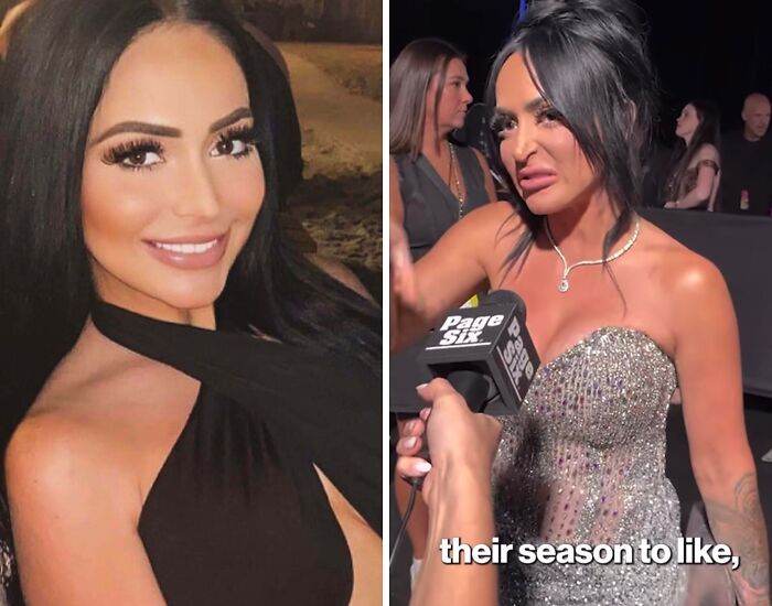 Woman posing with heavy social media filters on left and unfiltered look during interview on right, showing failed social media filters.