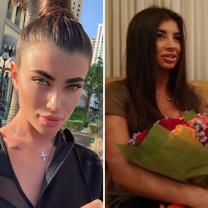 Side-by-side images of a woman showing contrast between filtered social media look and natural appearance, highlighting failed social media fakes.