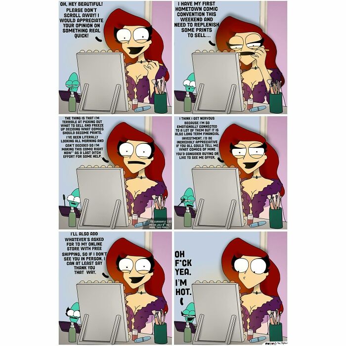 Comic strip showing a woman discussing creating and selling prints in funny adult life comics style by The RedDot.