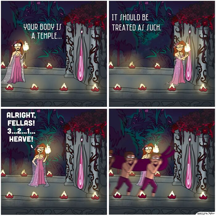 Comic about adult life showing a woman lighting a temple with men carrying a large object, bold and funny adult life humor.