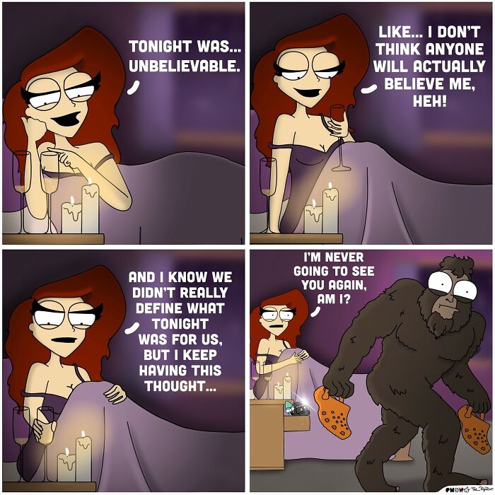 Comic about adult life showing a woman reflecting on a date and a humorous unexpected ending with a Bigfoot figure.