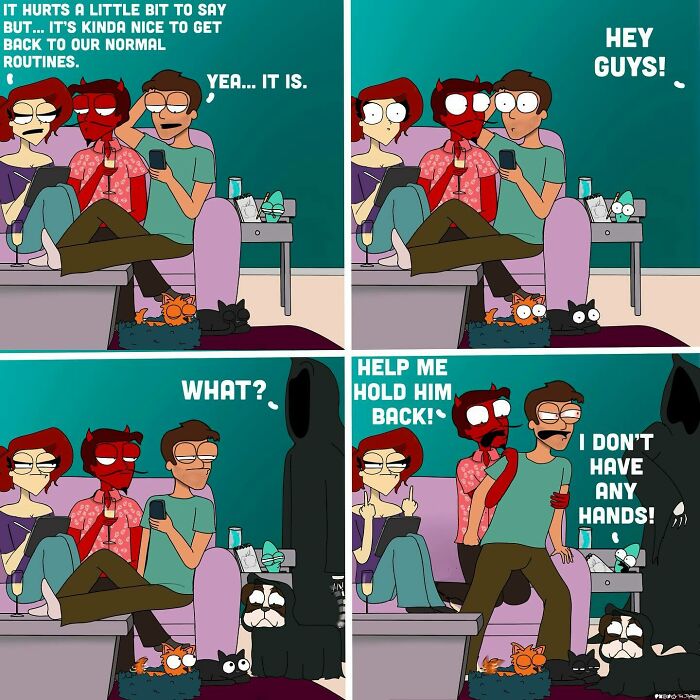 Funny comic strip about adult life showing characters humorously dealing with a sudden, mysterious visitor in their living room.