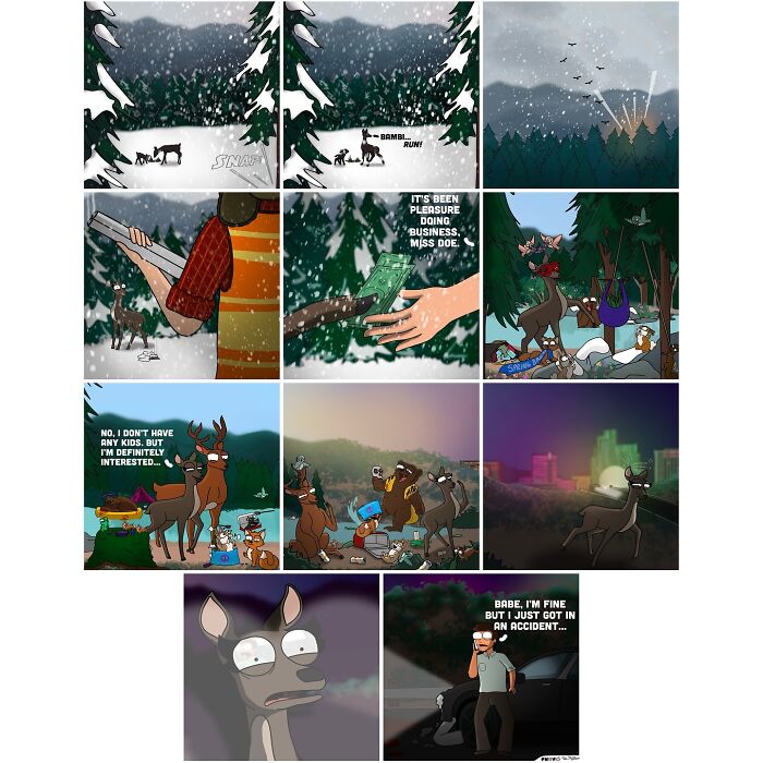 Comic panels showing a humorous adult life story featuring a deer and human characters in snowy and city settings.