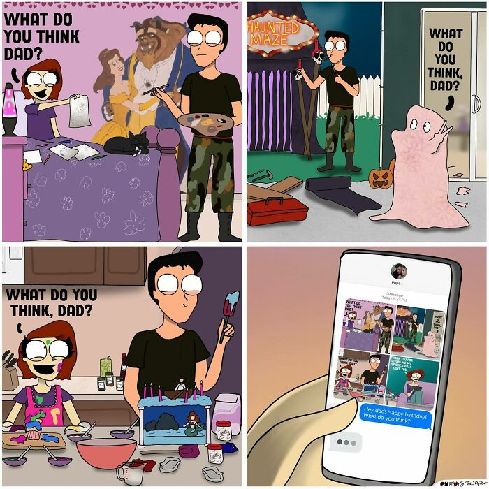 Comic panels depicting humorous adult life moments with a dad and child, highlighting funny adult life themes and interactions.