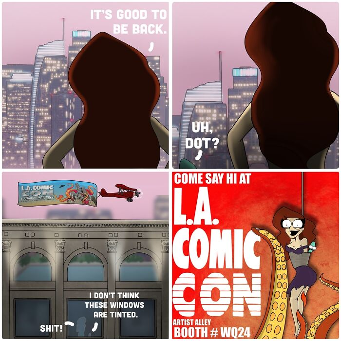 Comic panels showing adult life humor with a character at L.A. Comic Con in bold and funny style by RedDot.