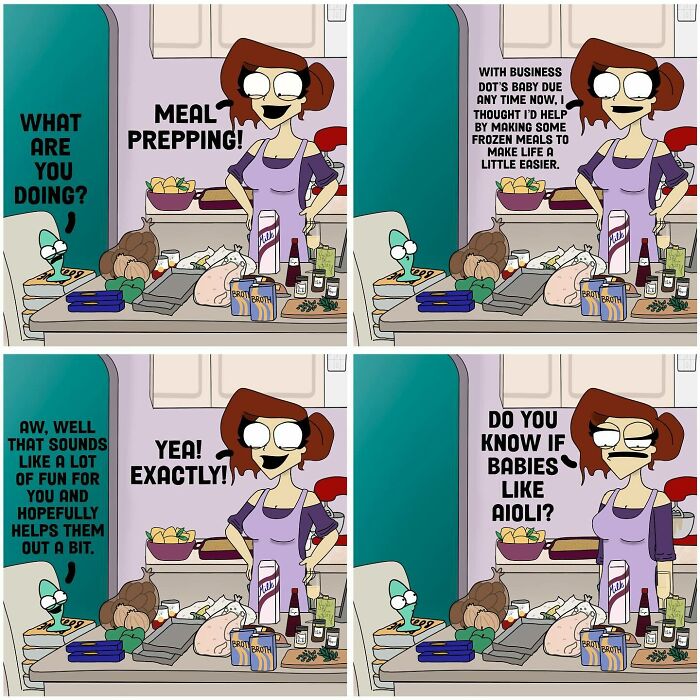 Comic panels showing a woman meal prepping with humorous dialogue about adult life and making frozen meals easier.