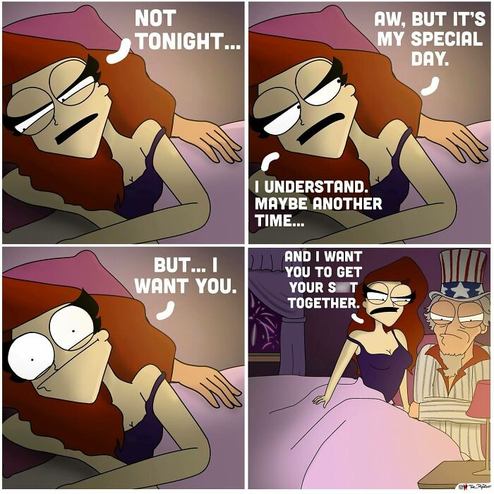 Comic panels from a bold and funny adult life comic showing a woman rejecting intimacy on her special day.