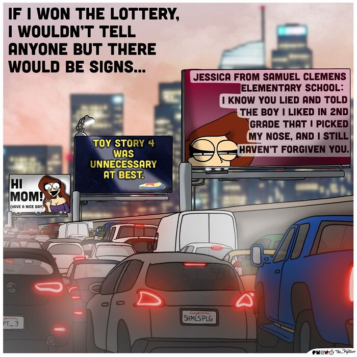 Traffic jam scene with humorous billboards, illustrating bold and funny comics about adult life by The RedDot.