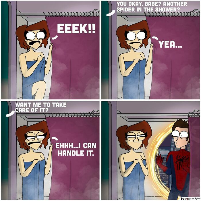 Woman in shower scared of spider, man offers help, Spider-Man appears in a funny adult life comic strip.